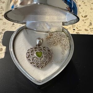 Authentic 925 Sterling Silver Filigree Heart Necklace & Case / Green Accent